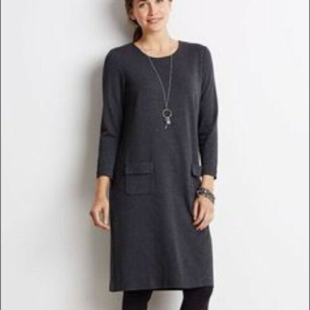 J. Jill Ponte Sz XS Charcoal Gray Knit Shift Midi Dress Front Patch Pockets Back